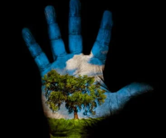 Image of a hand with the earth painted on it.