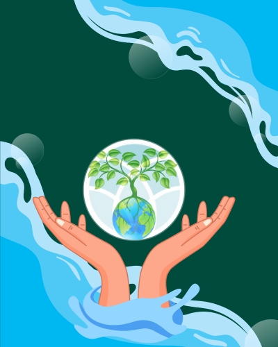 Planet Unity logo held by hands with clean water around it.