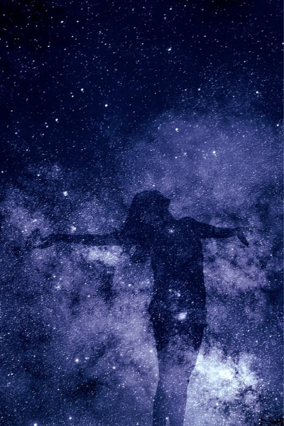 Image of a woman with her arms outstretched superimposed on an image of the night sky with woman made of up the stars