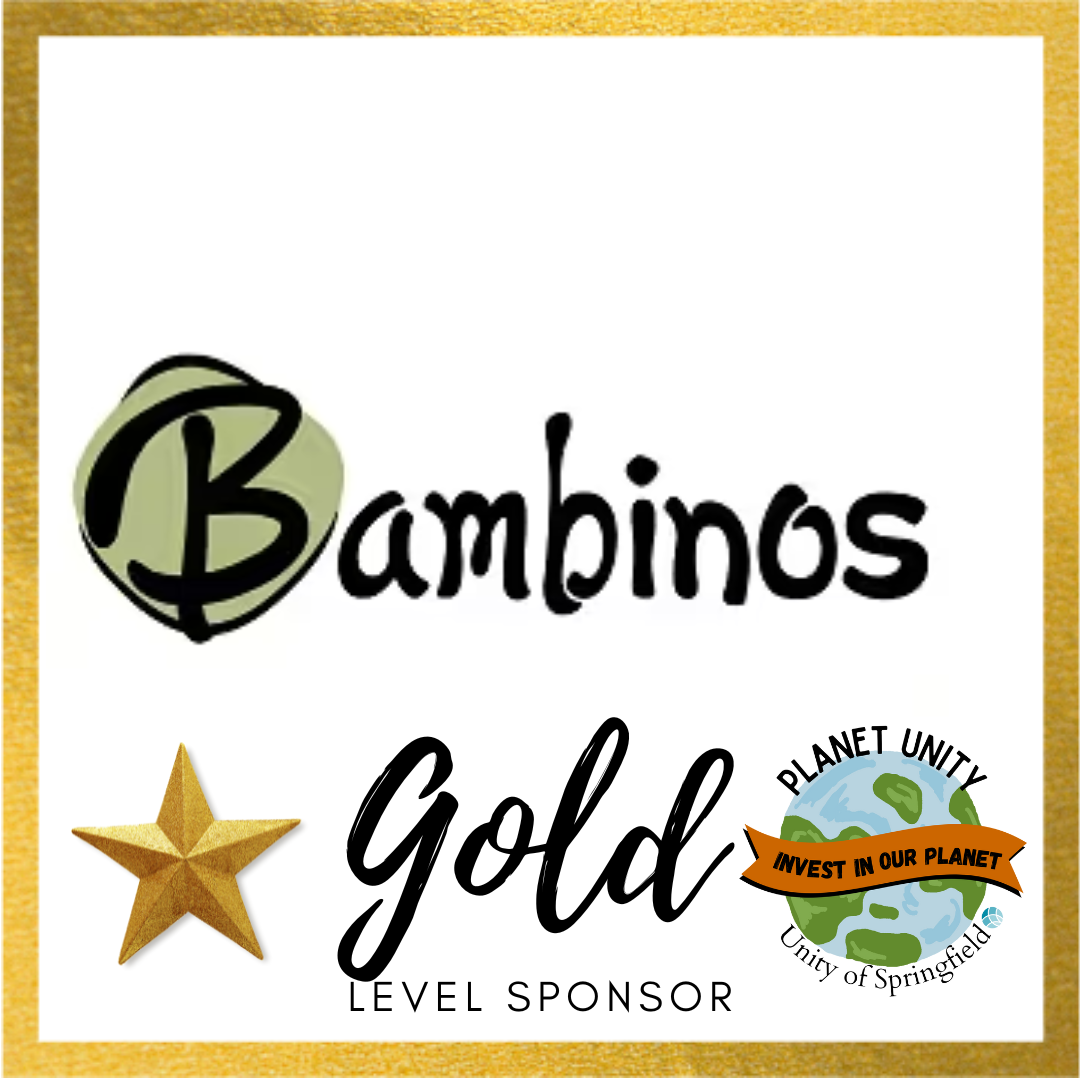 Image with a gold border, the Bambino's Cafe logo in the center, a star int he bottom left, the words "Gold Sponsor" in the middle, and an image of a Planet Unity logo in the bottom right.