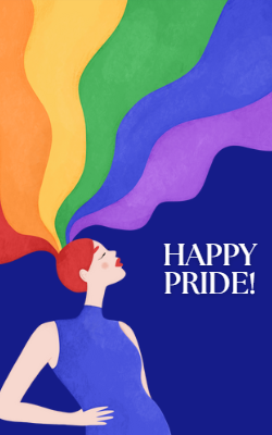 Image of painting of a woman with rainbow hair with the words "happy Pride" next to it.