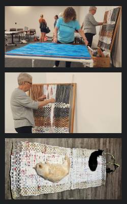 three image mosaic of people making mats for the homeless population and along with a picture of two cats sleeping on a mat.