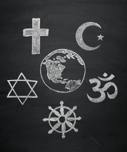 Image of chalk board with globe in the center and cross from Christianity, Cresent from Islam, Star of David from Judaism, Dharma Wheel from Buddhism, and Om from Hinduism.