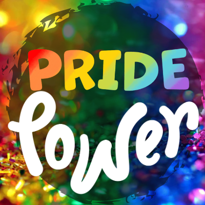 Image of rainbow glitter in the background, a grey circle, and the words "Pride Power"