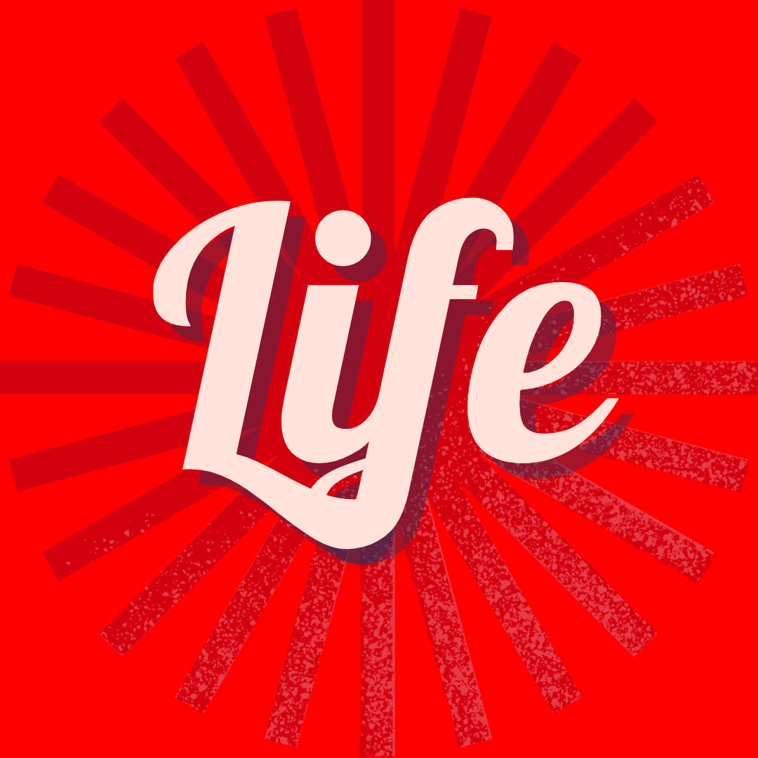 Image of a red start and red background with the word "Life" over it.