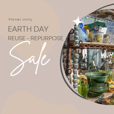 Image of shelves with items for sale on one side and the words "Planet Unity Earth Day Sale" on the other side.