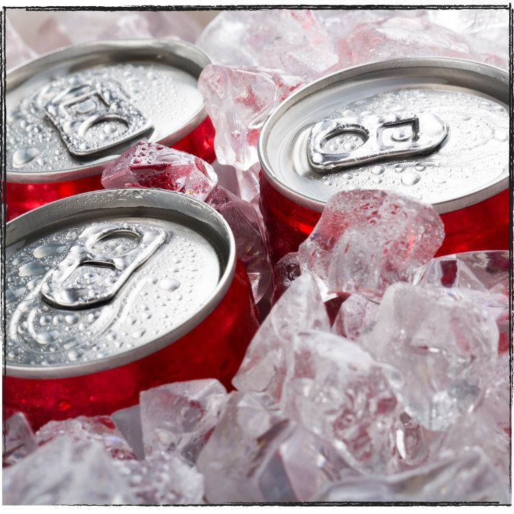 Cans of soda on ice.