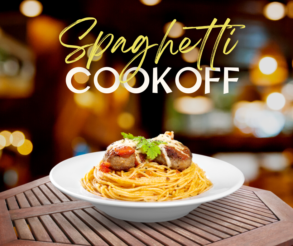Image of a bowl of spaghetti and a dark night background with the words "spaghetti cookoff" on the image.