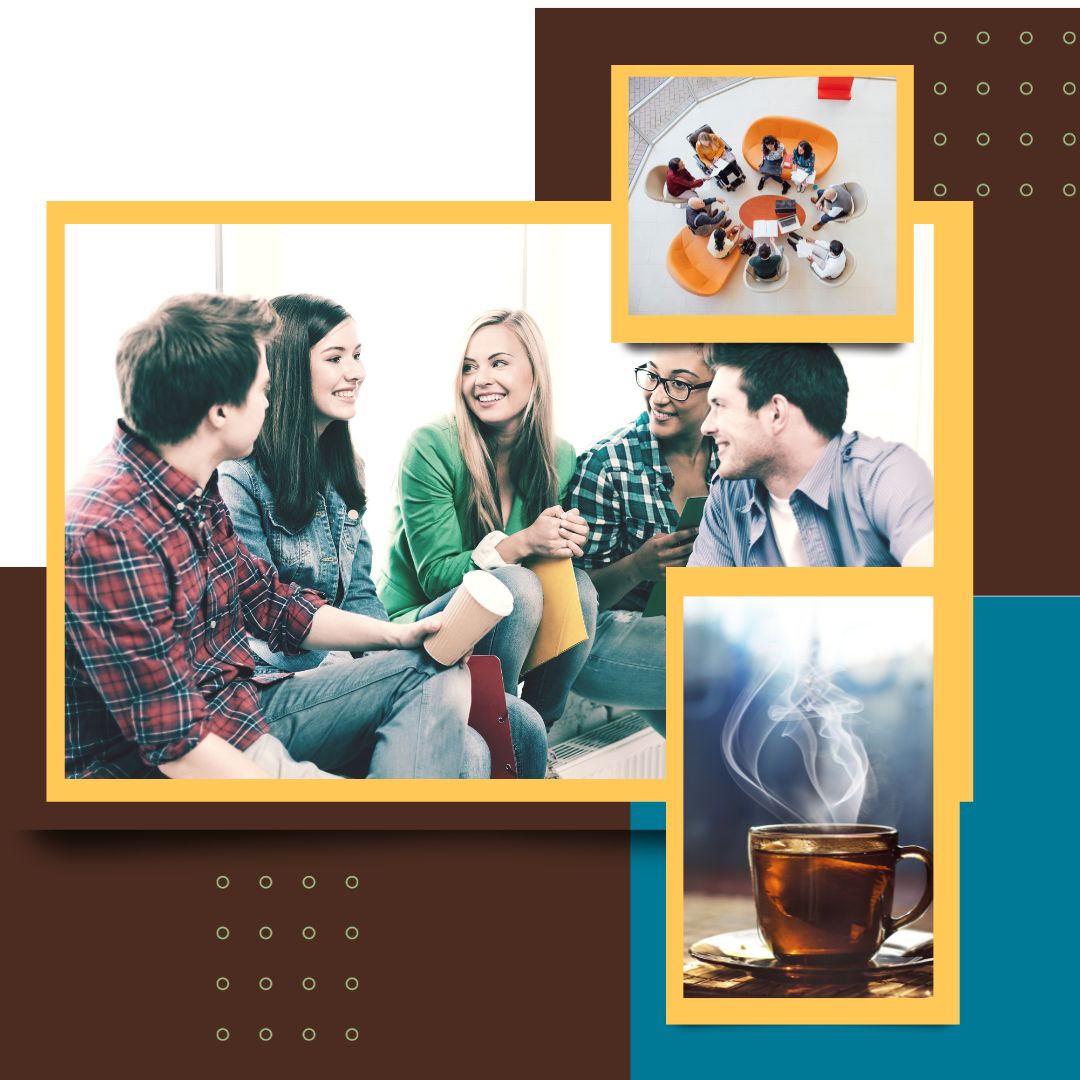 A photograph on a board of a cupt of tea. A photograph on a board of an arial view of a group of people gathering and sitting around a table. A photo of a group of a community of people in a social setting laughing and having fun.