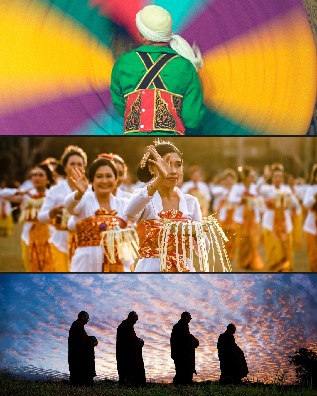 Image of three diverse religious traditions. The top image is of a sufi mystic spinning a colorful baton. The second image is of a woman dressed in traditional Hindu wedding garments and dancing. The bottom image is of a group of Buddhist monks backlit walking in a line.