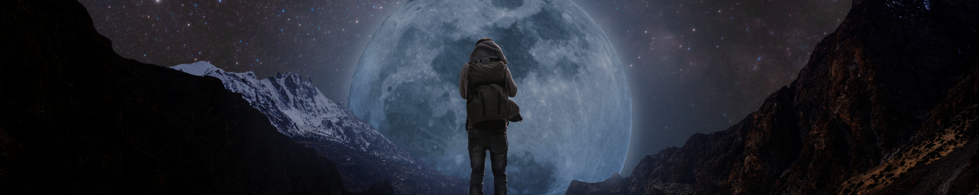 Image of a person with walking toward a full moon with mountains on either side.