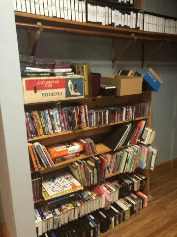 Bookshelf setup for yard sale.