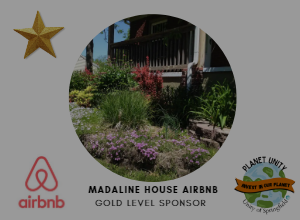 Phot of Madaline House, AirBNB logo, and gold level sponsorship and planet unity logos.