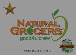 Image of Natural Grocers logo and gold level sponsorship and planet unity logos.