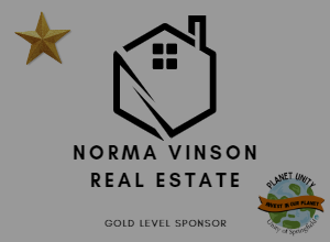 Image of generic real estate logo, the words Norma Vincon Real Estate, and gold level sponsorship and planet unity logos.