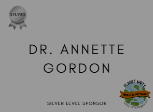 Image of a the words "Dr Annette Gordon, "planet unity logo, a silver metal, and the words "Silver Level Sponsor"