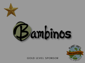 Image of a gold star in the upper left corner, the Bambinos logo in the center, the words "Gold Level Sponsor" at the bottom, and in the bottom right a Planet Unity logo.