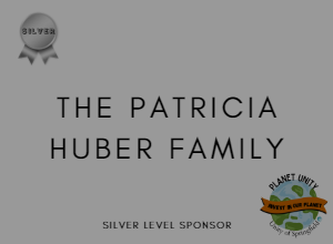 Image of a the words "the patricia huber family, "planet unity logo, a silver metal, and the words "Silver Level Sponsor"