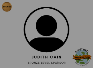 Image of the bronze sponsor logo in the upper right corner, a generic logo of a person, the name "Judith Cain" under it, then the words "Bronze Sponsor" under that with the Planet Unity logo in the bottom right corner.
