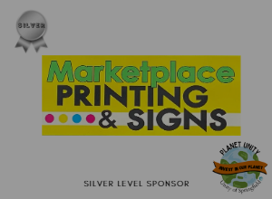 Image of Marketplace Printing logo, planet unity logo, a silver metal, and the words "Silver Level Sponsor"